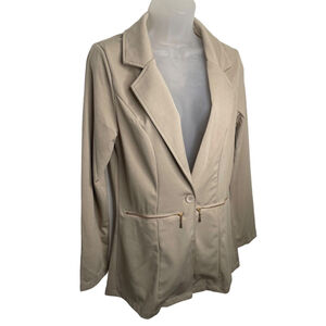 Genhoo Womens Stretch Knit Blazer Beige Jacket One Button Small Zippered Pockets